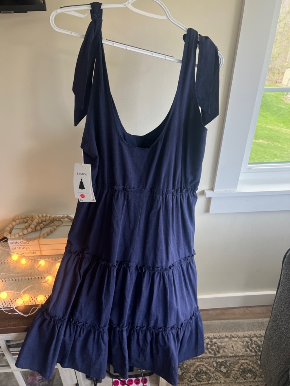 Zessica Navy Tie-Shoulder Tiered Sundress